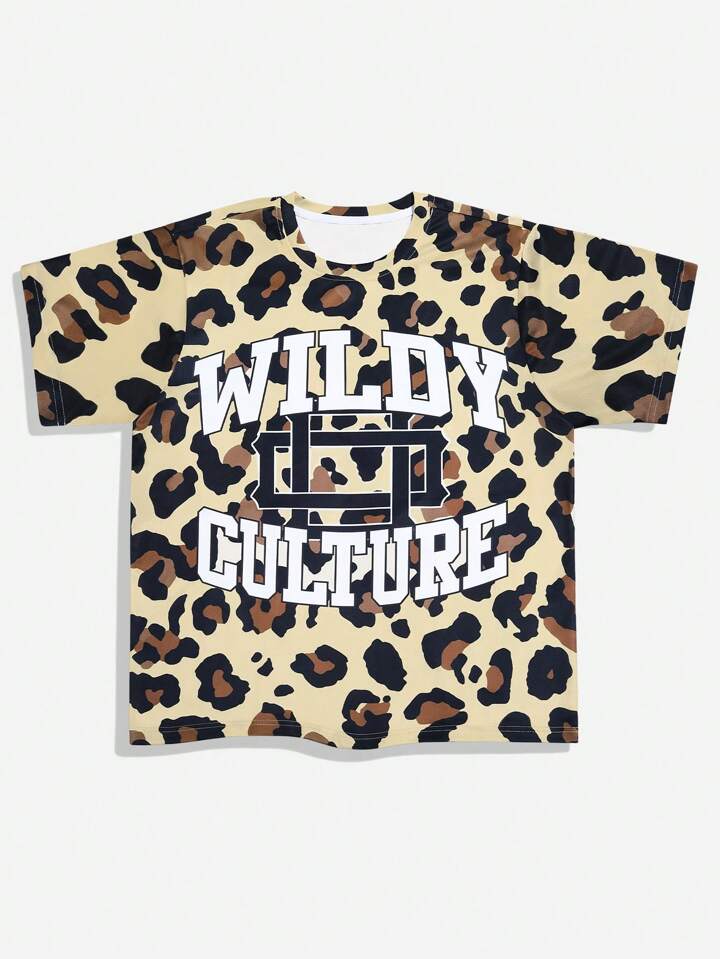 Prep Men's Casual Street Fashion Leopard & Letter Print Short Sleeve T-Shirt