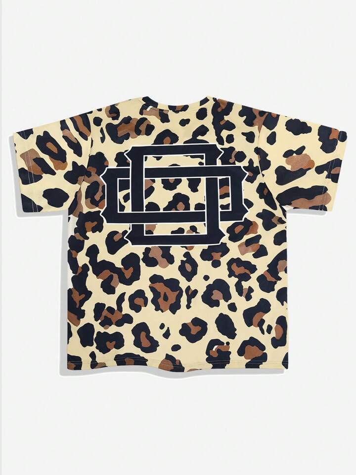 Prep Men's Casual Street Fashion Leopard & Letter Print Short Sleeve T-Shirt