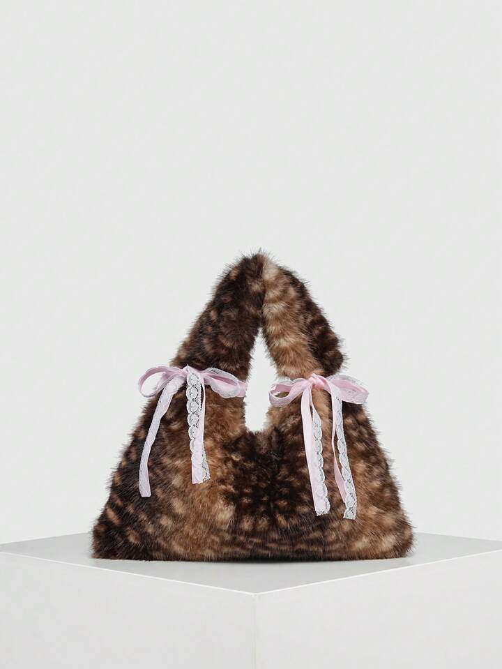 Kawaii Women's Leopard And Deer Print Y2K Retro Fashion Artificial Fur Long Hair Open Top Large Capacity Thickened Autumn/Winter Shoulder Crossbody Crescent Bag