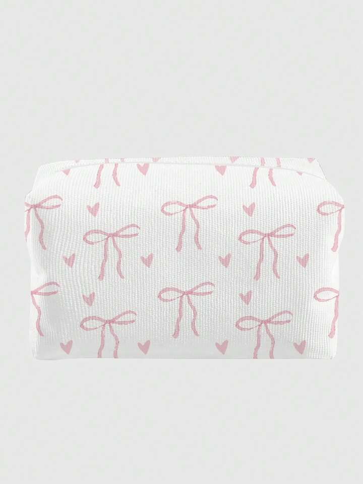 Kawaii 1pc Octagonal Velvet Cosmetic Bag With Pink Bowknot Pattern