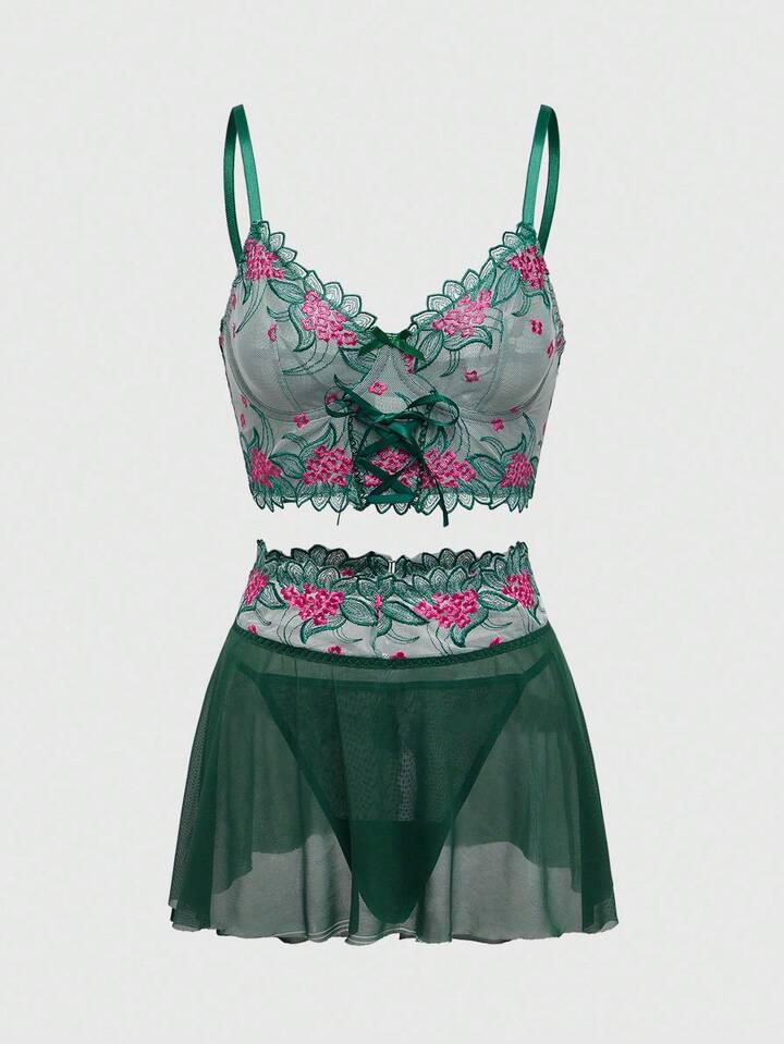 Fairycore Fairy Embroidered Floral Lace-Up Underwire Sexy Lingerie Set For Women