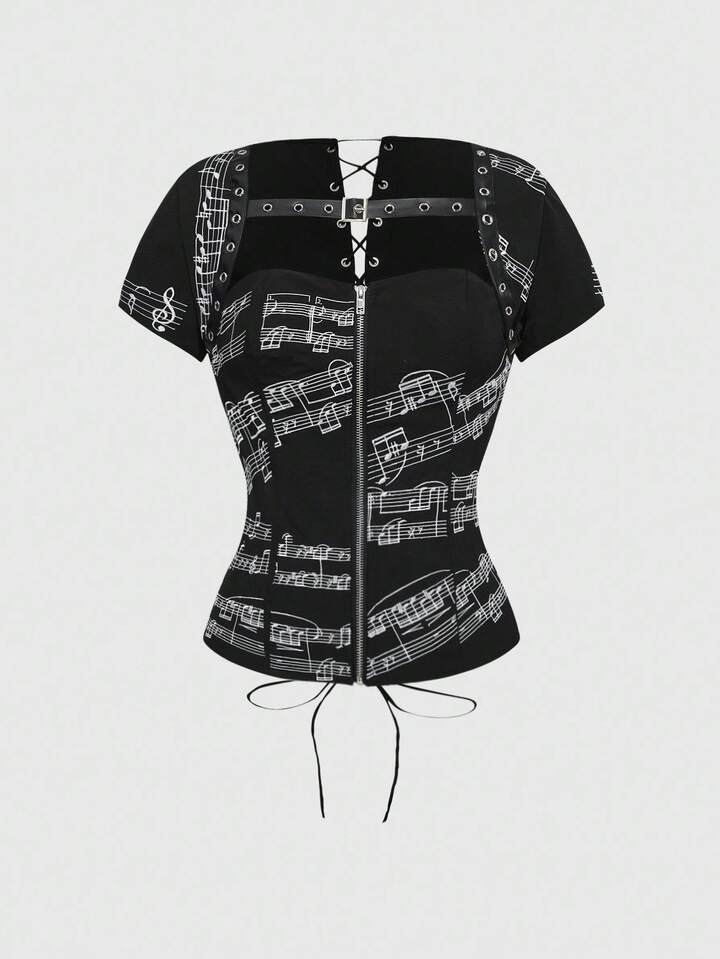 ROMWE Avant 2pcs Gothic Music Note Embroidered Bralette Top For Women, Halloween