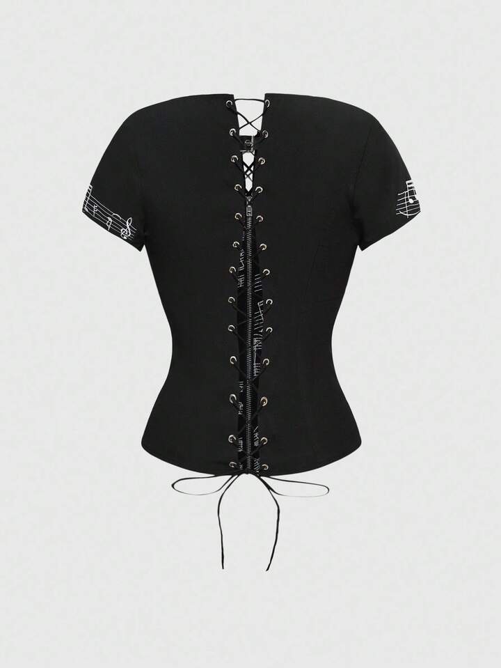ROMWE Avant 2pcs Gothic Music Note Embroidered Bralette Top For Women, Halloween