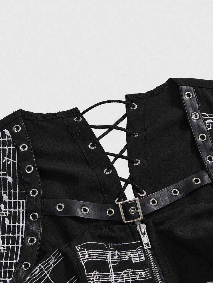ROMWE Avant 2pcs Gothic Music Note Embroidered Bralette Top For Women, Halloween