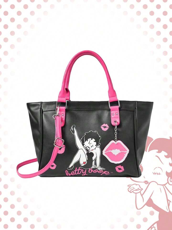 Betty Boop | ROMWE Women Cartoon Figure Graphic Pink Motorcycle Bag Fitness Commuting Tote Bag Soft Leather Travel Bag Eyelet Bombshell Bag
