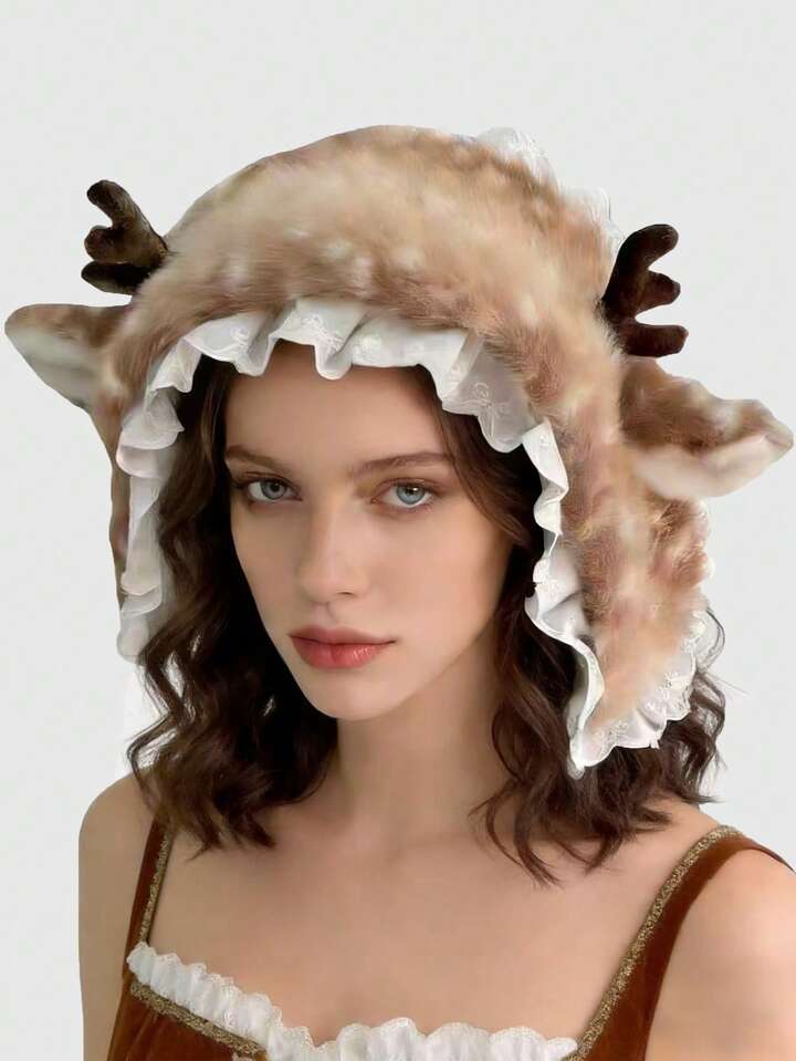 Fairycore 1 Cute Reindeer Faux Fur Winter Hat With Lace Trim And Antler Design For Warm Earmuffs