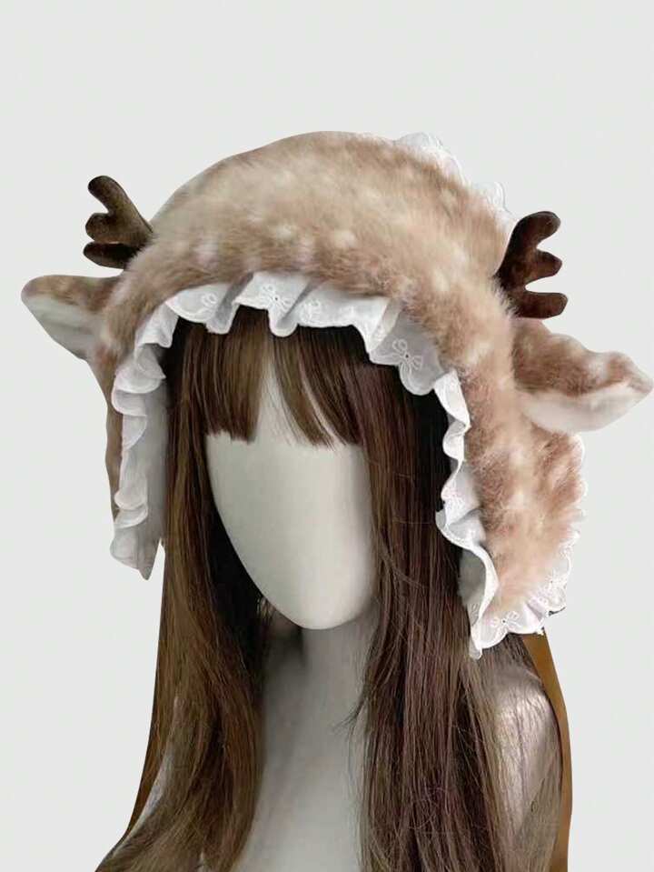 Fairycore 1 Cute Reindeer Faux Fur Winter Hat With Lace Trim And Antler Design For Warm Earmuffs 2 Fairycore 1 Cute Reindeer Faux Fur Winter Hat With Lace Trim And Antler Design For Warm Earmuffs