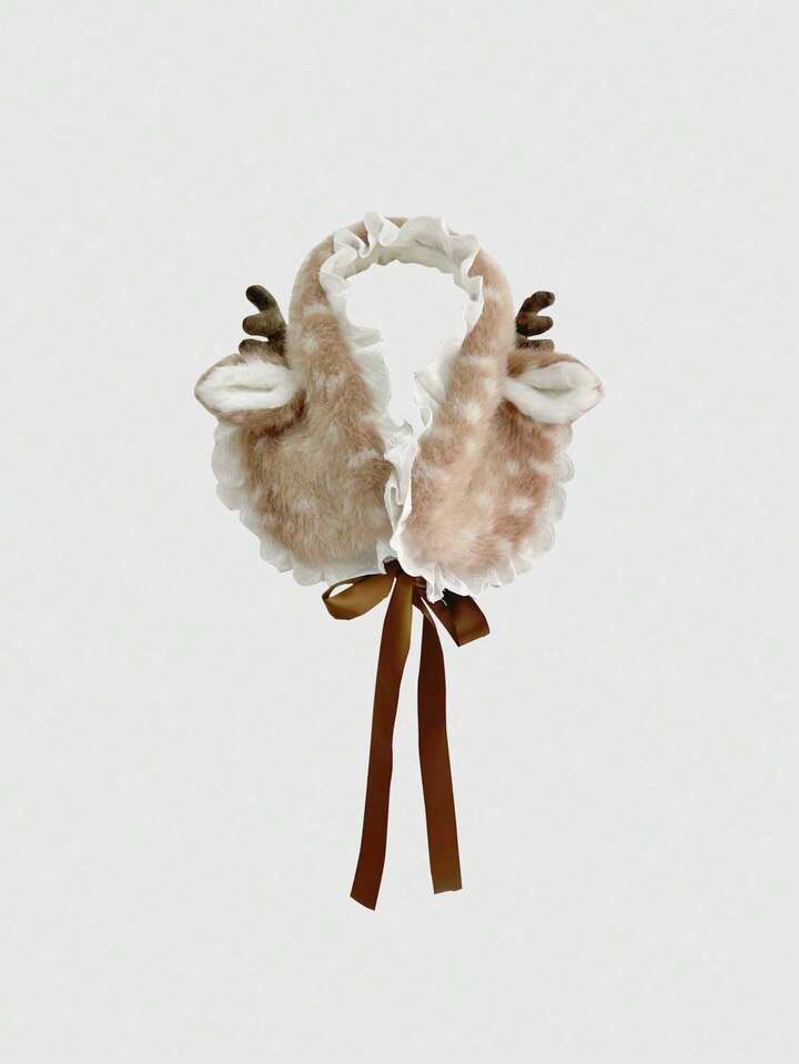 Fairycore 1 Cute Reindeer Faux Fur Winter Hat With Lace Trim And Antler Design For Warm Earmuffs 4 Fairycore 1 Cute Reindeer Faux Fur Winter Hat With Lace Trim And Antler Design For Warm Earmuffs