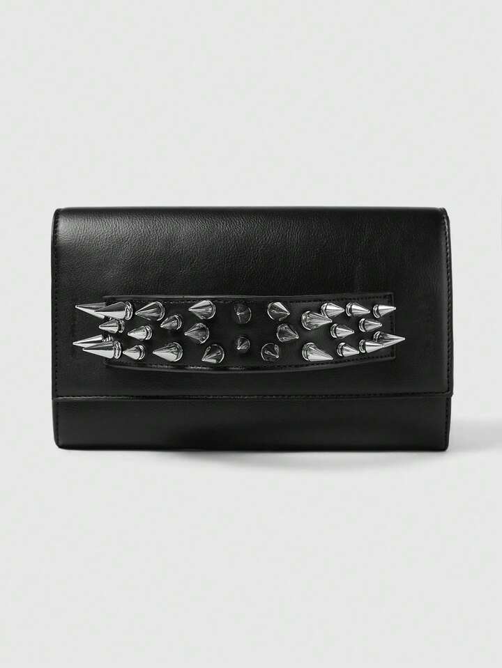 Grunge Punk Y2K Baddie Rivet Decor Soft Leather Casual Clutch Bag, Fashion Versatile Shoulder/Crossbody Bag For Women, Subculture Goth Style, Black