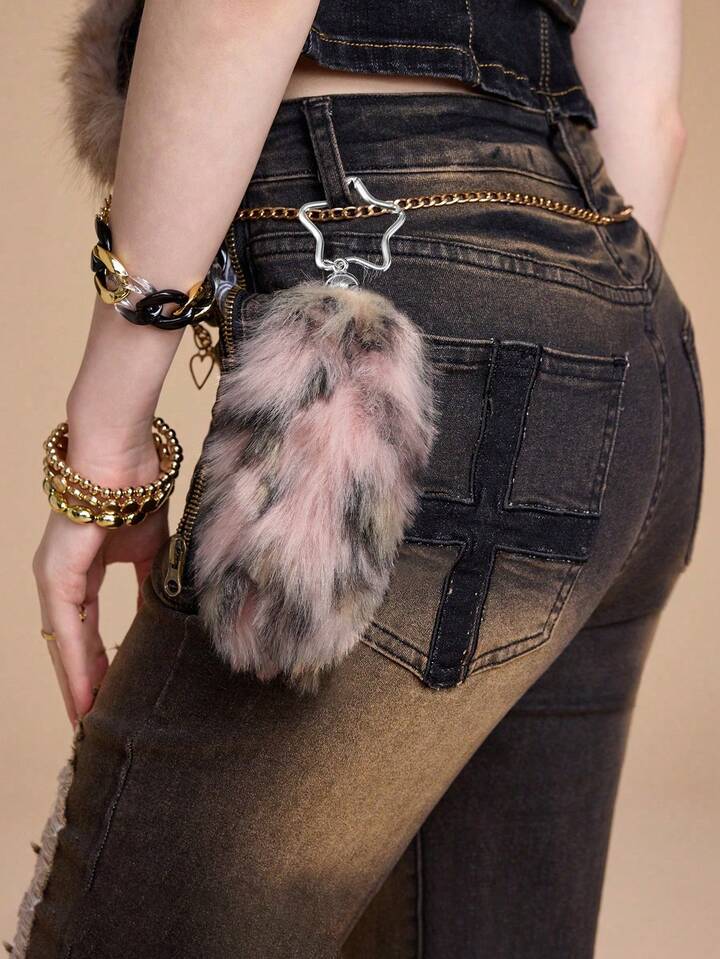 Grunge Punk 1pc Korean Style Cute & Stylish High-Quality Plush Brown Leopard Print Mini Tail Keychain & Keyring, Accessory Suitable For Women, Ideal For Daily Wear Or Gift
