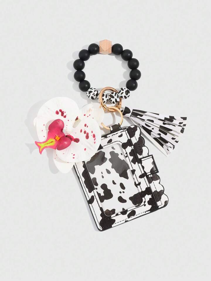 Kawaii 1pc Fashionable Leopard Print Bead Bracelet Rubber Card Holder With Butterfly & Flower Decor, Student ID Card & Small Cards Organizer