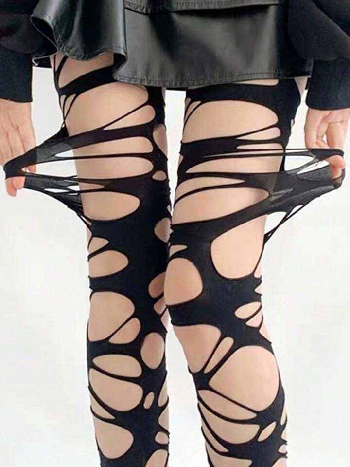 Goth Sexy Lady Ripped Fishnet Black Tights