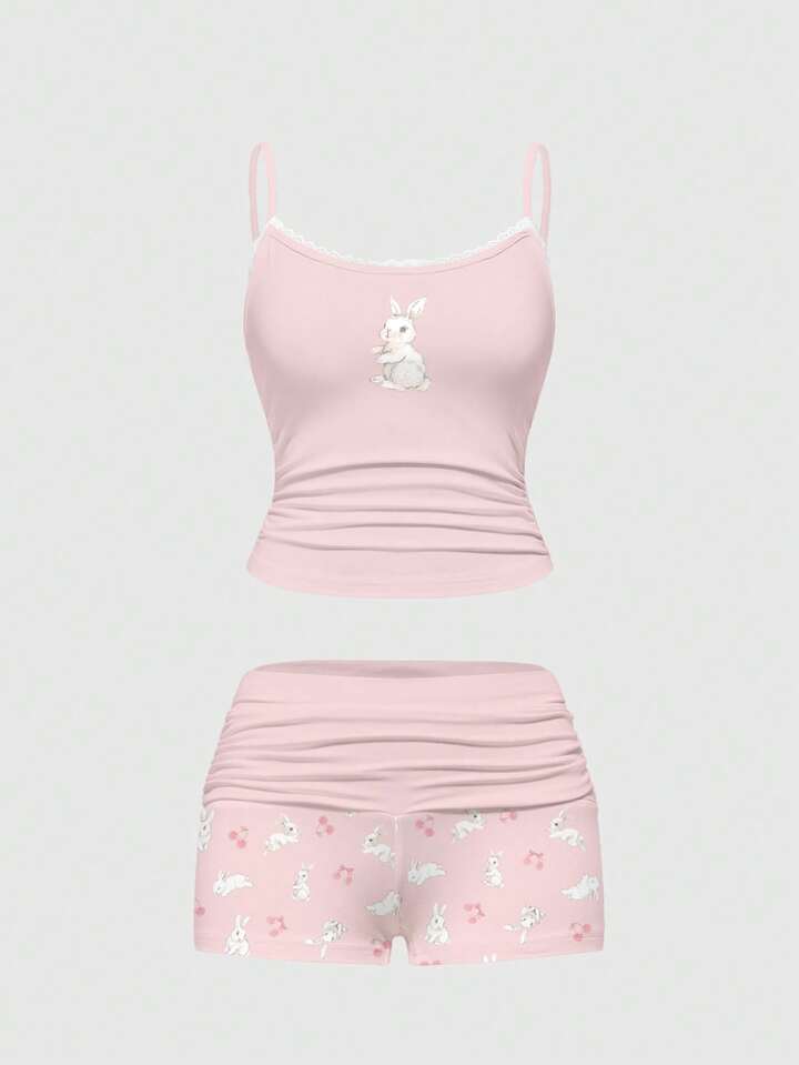 Kawaii Cute Bunny All-Over Print Lace Camisole & Ruched Shorts Pajama Set, Casual Loungewear, For Valentine's Day