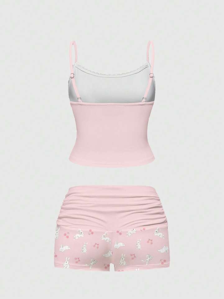 Kawaii Cute Bunny All-Over Print Lace Camisole & Ruched Shorts Pajama Set, Casual Loungewear, For Valentine's Day 2 Kawaii Cute Bunny All-Over Print Lace Camisole & Ruched Shorts Pajama Set, Casual Loungewear, For Valentine's Day