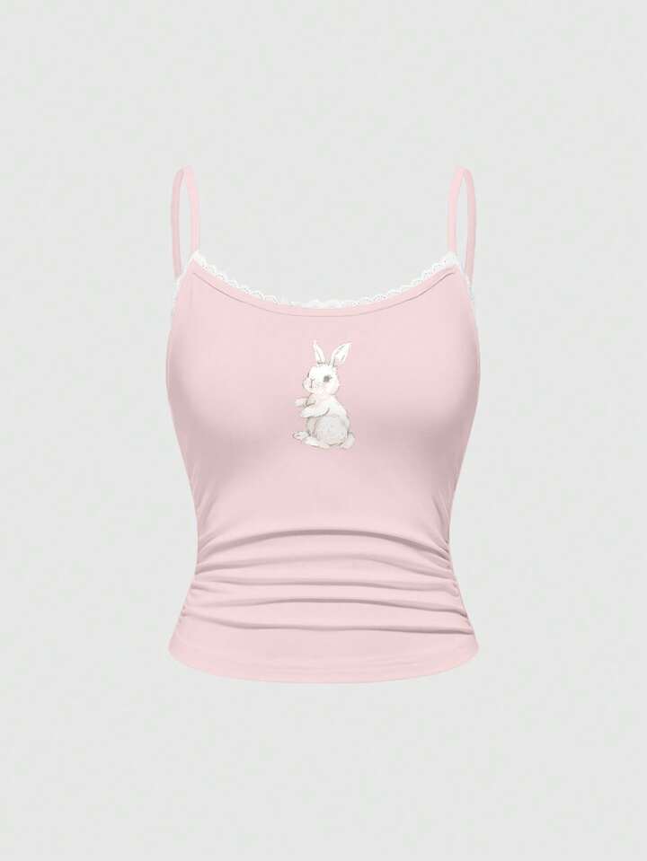 Kawaii Cute Bunny All-Over Print Lace Camisole & Ruched Shorts Pajama Set, Casual Loungewear, For Valentine's Day 3 Kawaii Cute Bunny All-Over Print Lace Camisole & Ruched Shorts Pajama Set, Casual Loungewear, For Valentine's Day