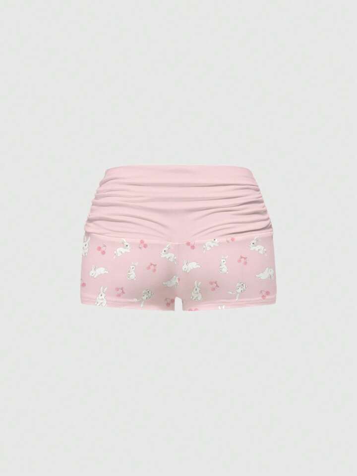 Kawaii Cute Bunny All-Over Print Lace Camisole & Ruched Shorts Pajama Set, Casual Loungewear, For Valentine's Day 5 Kawaii Cute Bunny All-Over Print Lace Camisole & Ruched Shorts Pajama Set, Casual Loungewear, For Valentine's Day