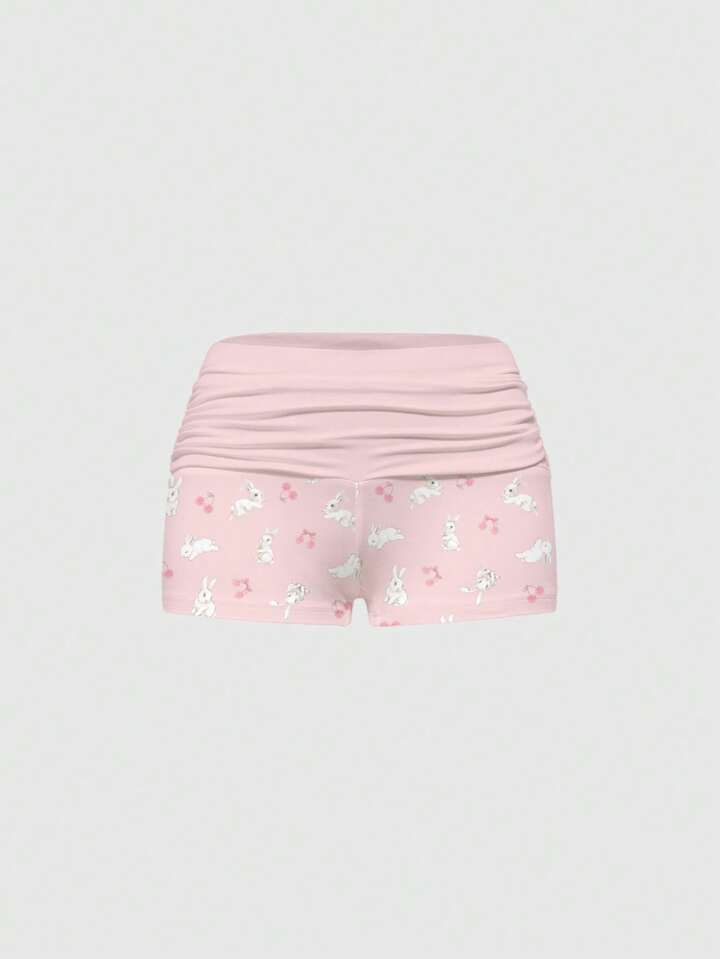 Kawaii Cute Bunny All-Over Print Lace Camisole & Ruched Shorts Pajama Set, Casual Loungewear, For Valentine's Day 6 Kawaii Cute Bunny All-Over Print Lace Camisole & Ruched Shorts Pajama Set, Casual Loungewear, For Valentine's Day
