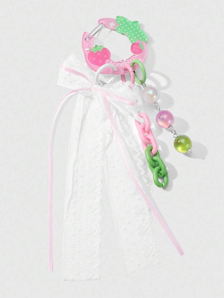 Kawaii 1pc Sweet & Elegant Acrylic Hollow Strawberry Decor Chain, Multi-Color Rhinestone Cat Eye, Mesh Ribbon Bow, Suitable For Women/Girls, Daily Wear Or Festival Gift, Comes With Phone Holder