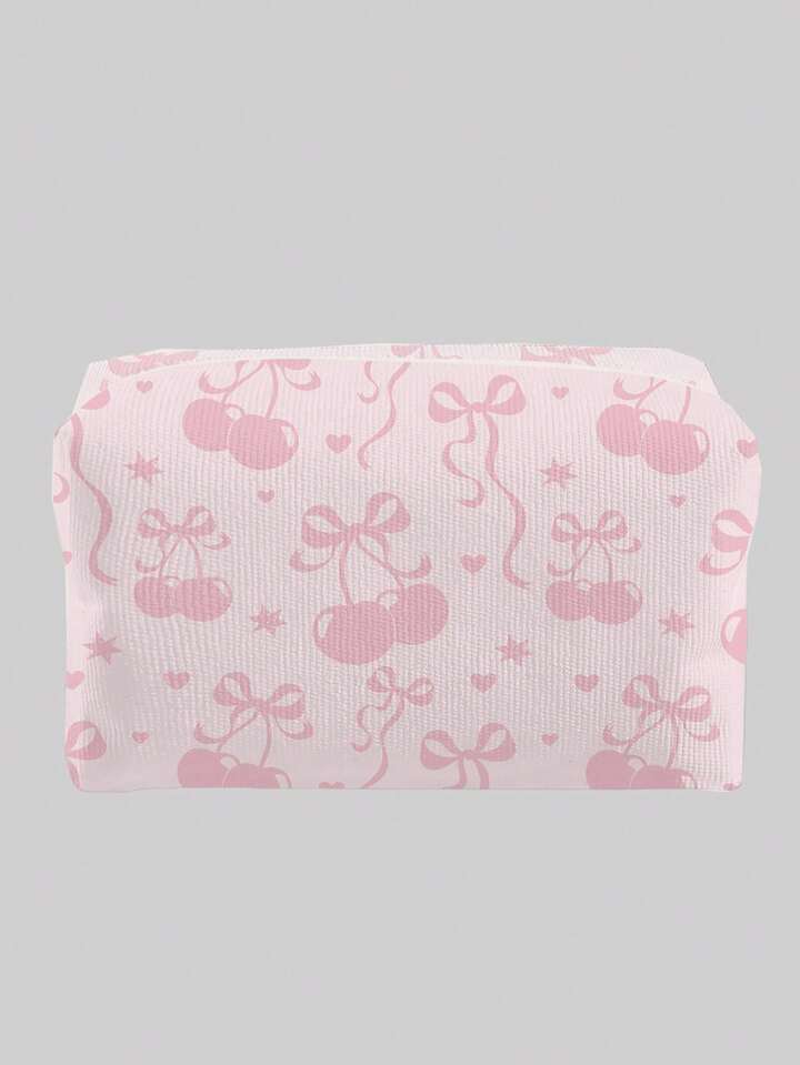 Kawaii Bow-Knot Cherry Pattern Flannel Cosmetic Bag