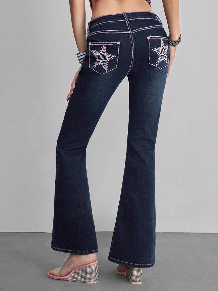 ROMWE Avant Women's Distressed Vintage Leopard Star Rhinestone Y2K Bling Skinny Flare Jeans