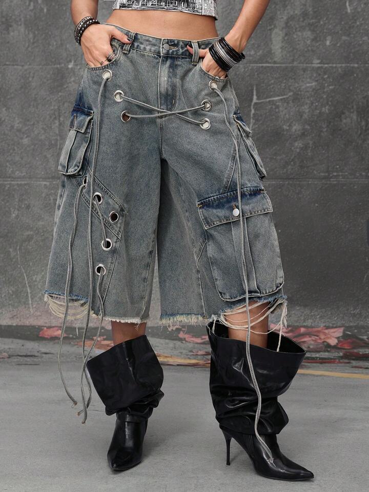 PETITE Streetwear Punk Style Distressed Loose Super Low Waist Women Denim Bermuda Shorts