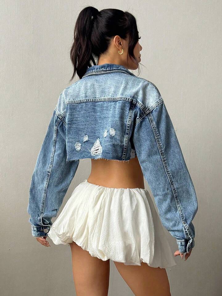 Ripped Drop Shoulder Crop Denim Jacket