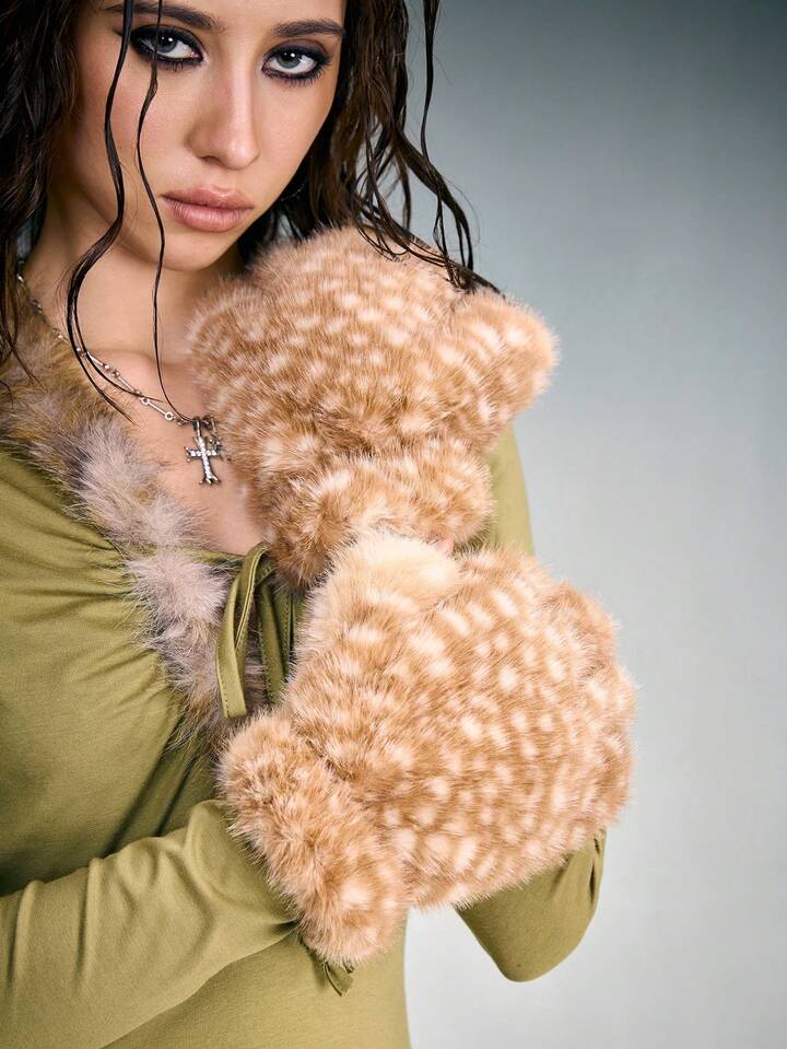Fairycore 1 Pair Brown Y2K Retro Fuzzy Deer Print Fingerless Gloves, Fashionable & Versatile Women Accessory For Daily, Party, Christmas And Other Occasions, Autumn/Winter