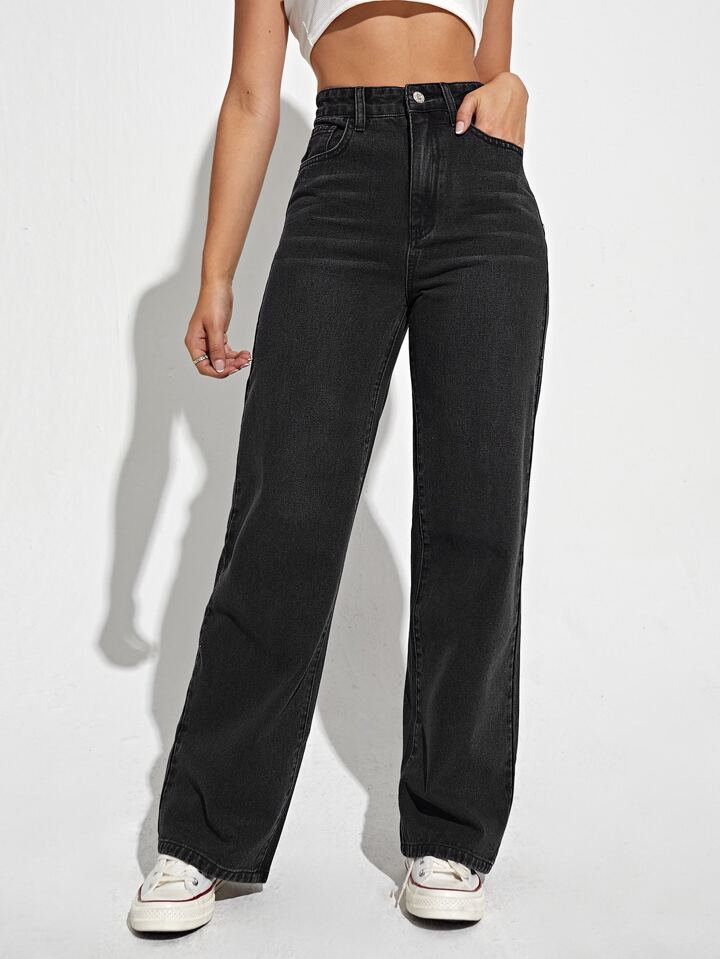 High Waist Slant Pocket Straight Leg Jeans