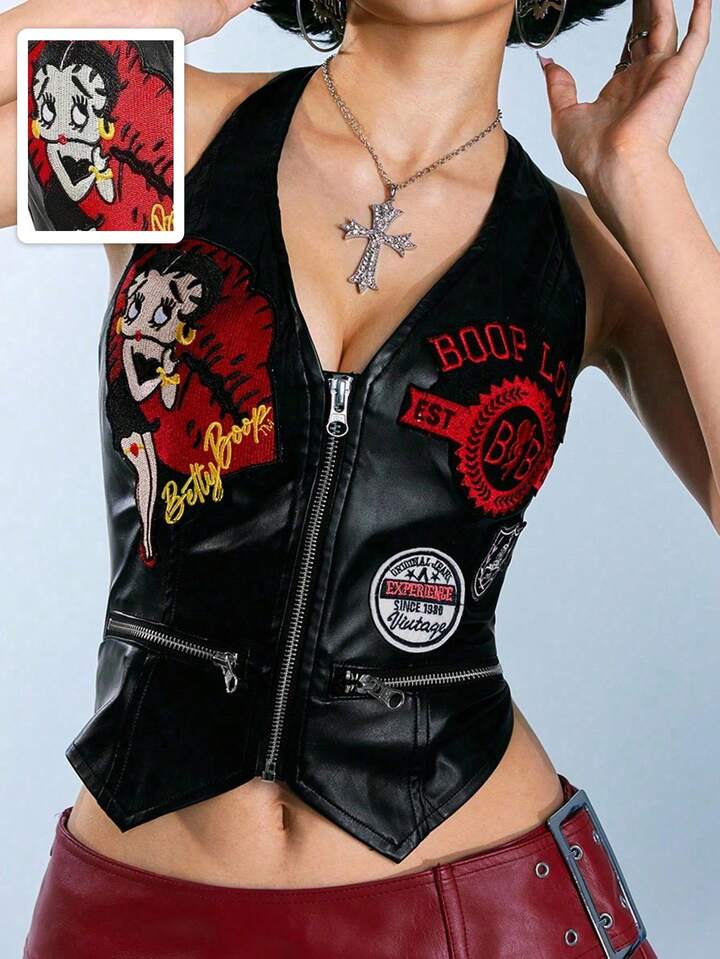 Betty Boop | ROMWE Women's Kpop Cartoon Figure Graphic Embroidery Motorcycle Sexy Zipper PU Fabric Halter Neck Tank Top