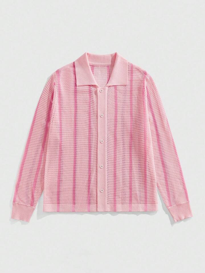 Pink Striped Print Button Front Casual Long Sleeve Knit Sweater