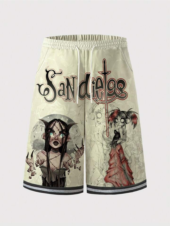 Anime Men's Summer Fashionable Cartoon Letter Printed Drawstring Waist Capri Baggy Shorts
