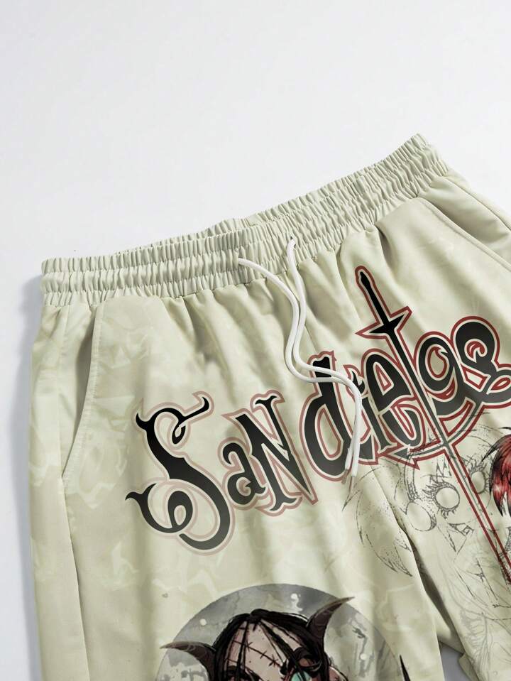 Anime Men's Summer Fashionable Cartoon Letter Printed Drawstring Waist Capri Baggy Shorts