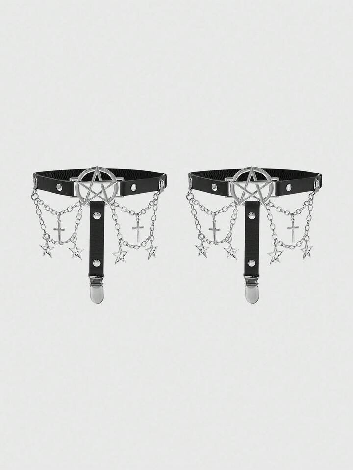 2pcs Women's Black Hollow Five-Pointed Star Chain Cross Star Decor Goth Style Leg Garter, Suitable For Halloween Accessories