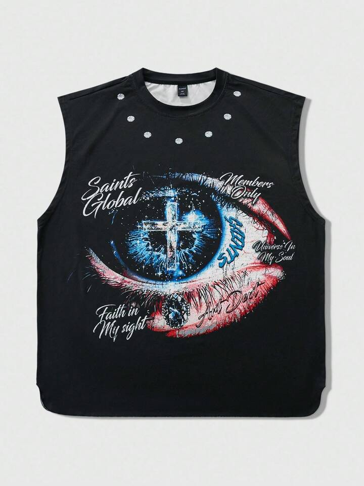 Street Life Black Short Men's Tank Top With Mysterious Eye Graphic, Street Style, 2000s Style