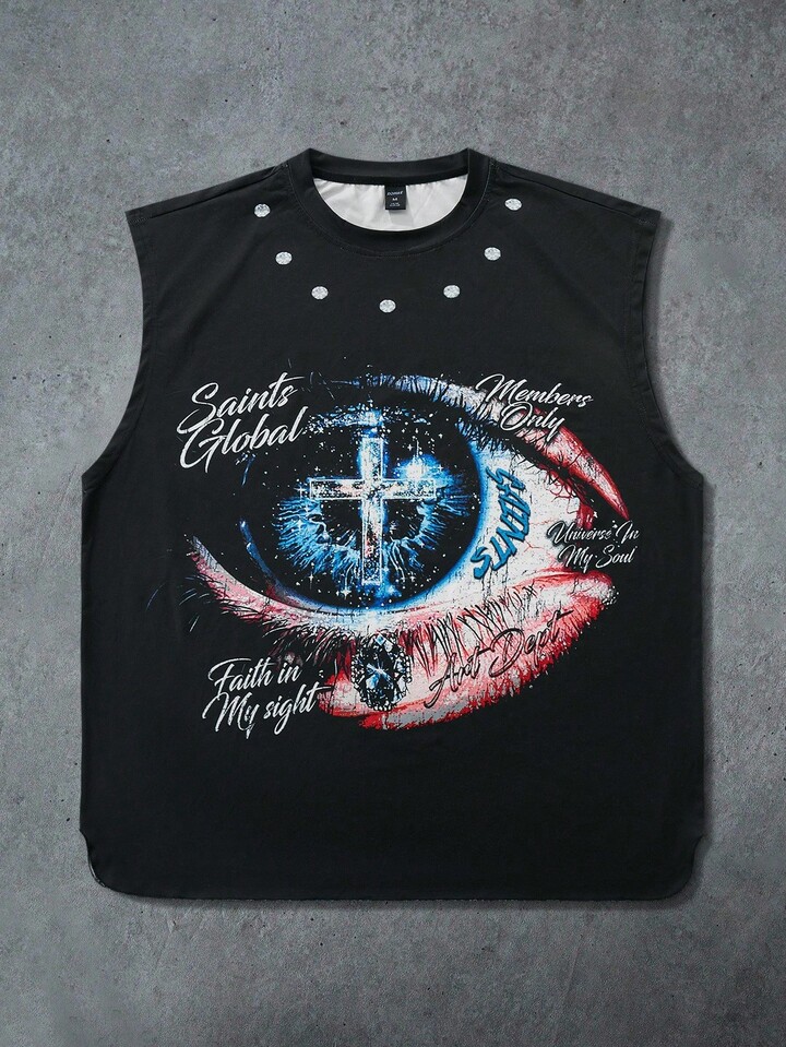 Street Life Black Short Men's Tank Top With Mysterious Eye Graphic, Street Style, 2000s Style