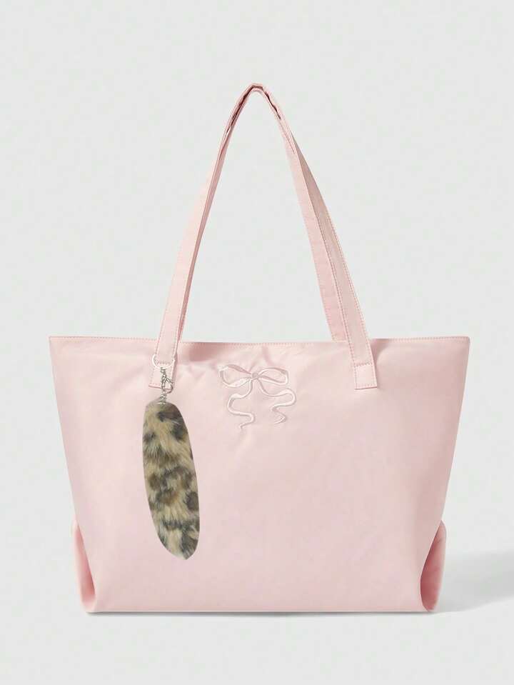 Kawaii Floral Pattern 84225 - Bow Embroidery Large Capacity Shoulder Bag, Fashionable Oxford Cloth Tote Bag, Fashionable Tote Bag With Zipper, Fashionable Bow Purse For Women, Tote Bags For Women, College Essentials