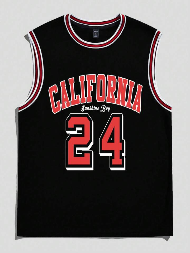 Prep Men's Printed Casual Sports Jersey Tank Top, Basketball Jersey For Spring And Summer, 2000s Style