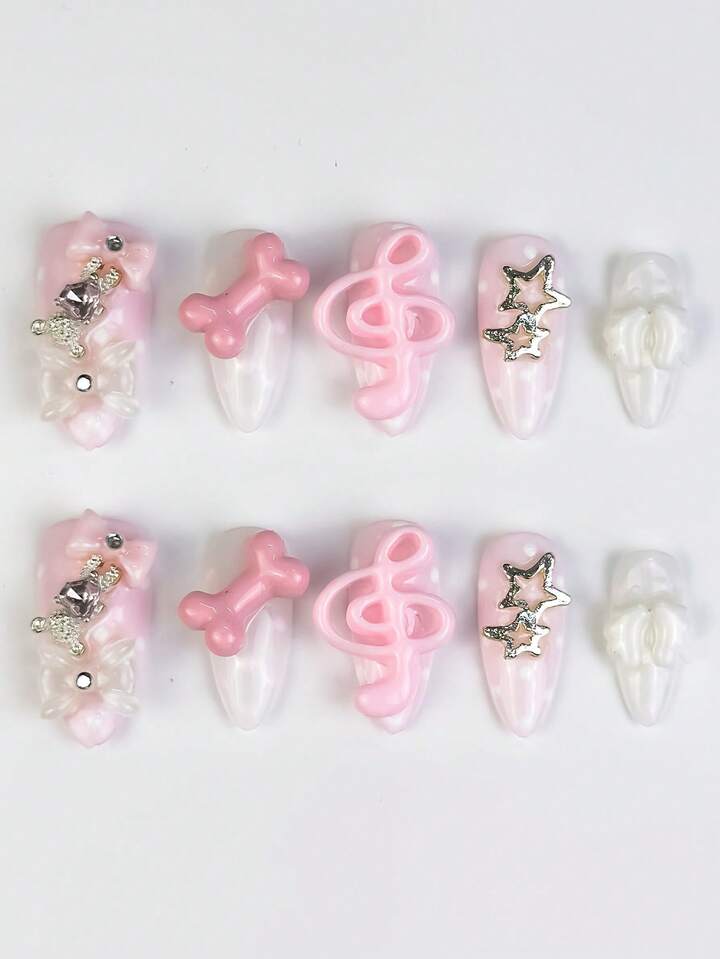 Anime 10pcs Y2K Cute Heart, Star, Bow, Wing Nail Art Stickers With Tape