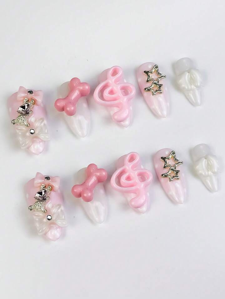 Anime 10pcs Y2K Cute Heart, Star, Bow, Wing Nail Art Stickers With Tape