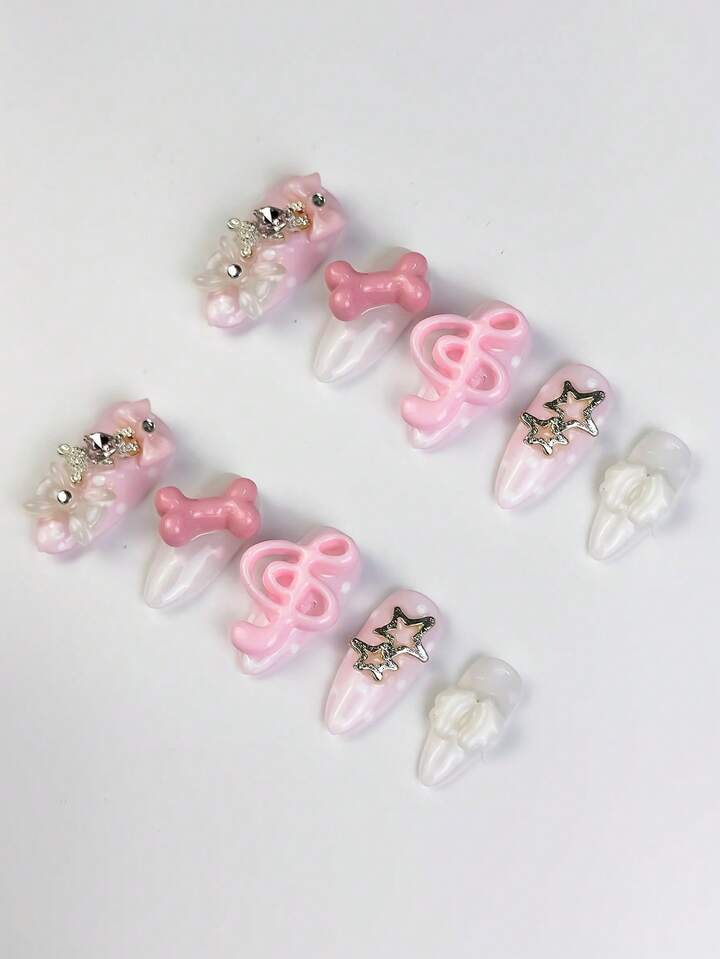 Anime 10pcs Y2K Cute Heart, Star, Bow, Wing Nail Art Stickers With Tape