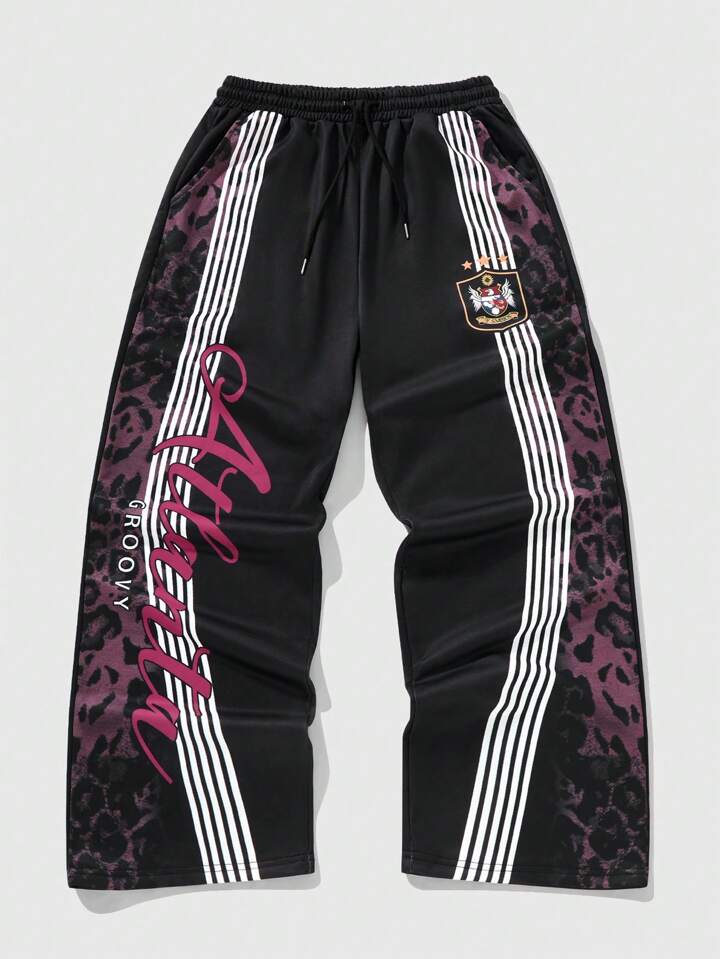 Anime Men's Letter & Leopard Print Drawstring Waist Loose Sweatpants