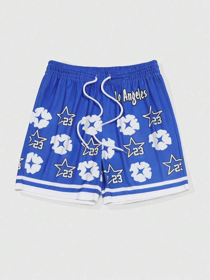 Men's Prep Pentagram Floral Print Drawstring Waist Casual Shorts