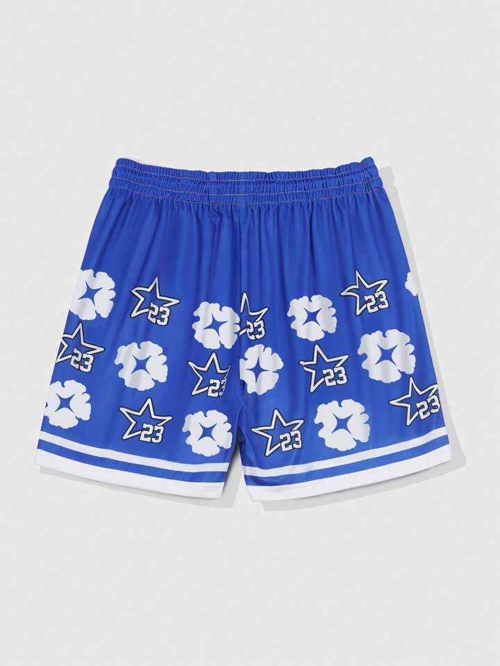 Men's Prep Pentagram Floral Print Drawstring Waist Casual Shorts