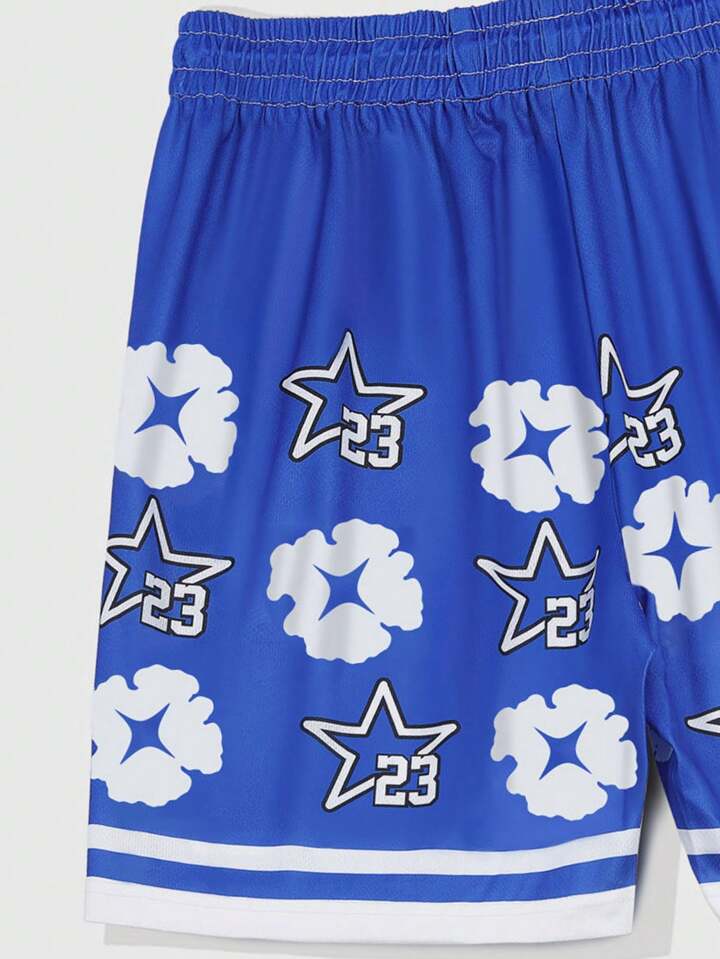 Men's Prep Pentagram Floral Print Drawstring Waist Casual Shorts