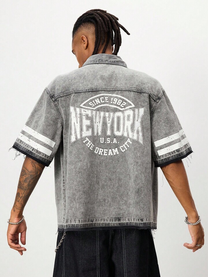 Prep Men's Fashion Button Letter Short Sleeve Denim Shirt
