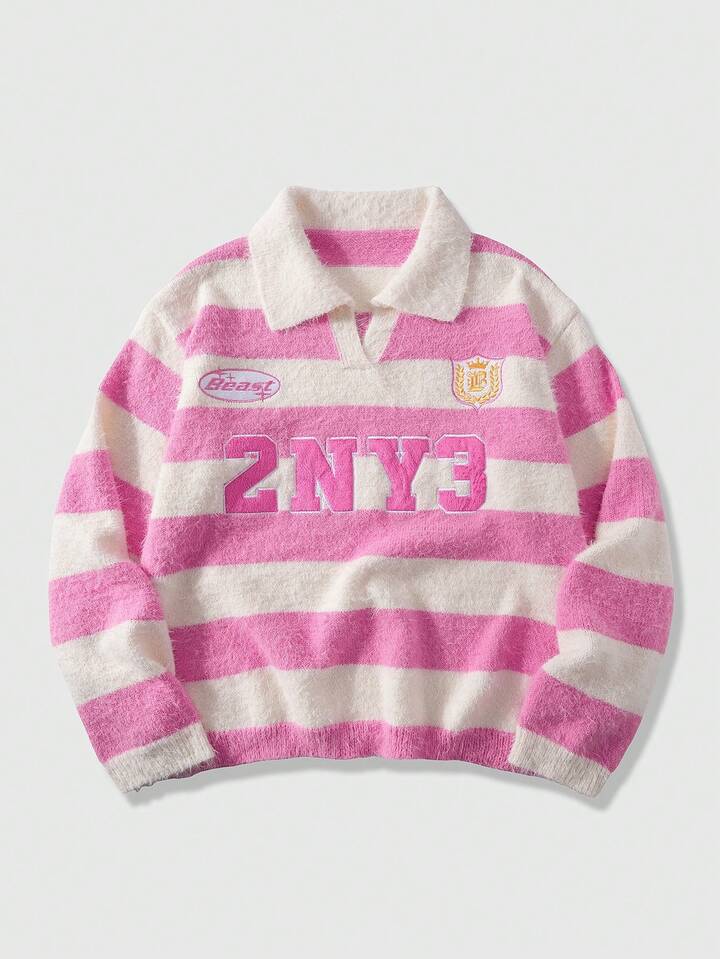 Men's Preppy Letter Embroidery Striped Pattern Casual Pullover Sweater, Long Sleeve Top