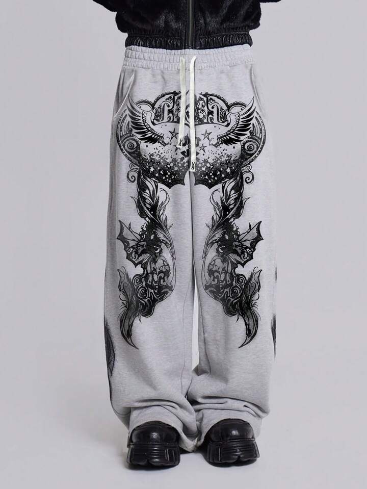 Grunge Punk Men's Casual Retro Print Drawstring Waist Sweatpants