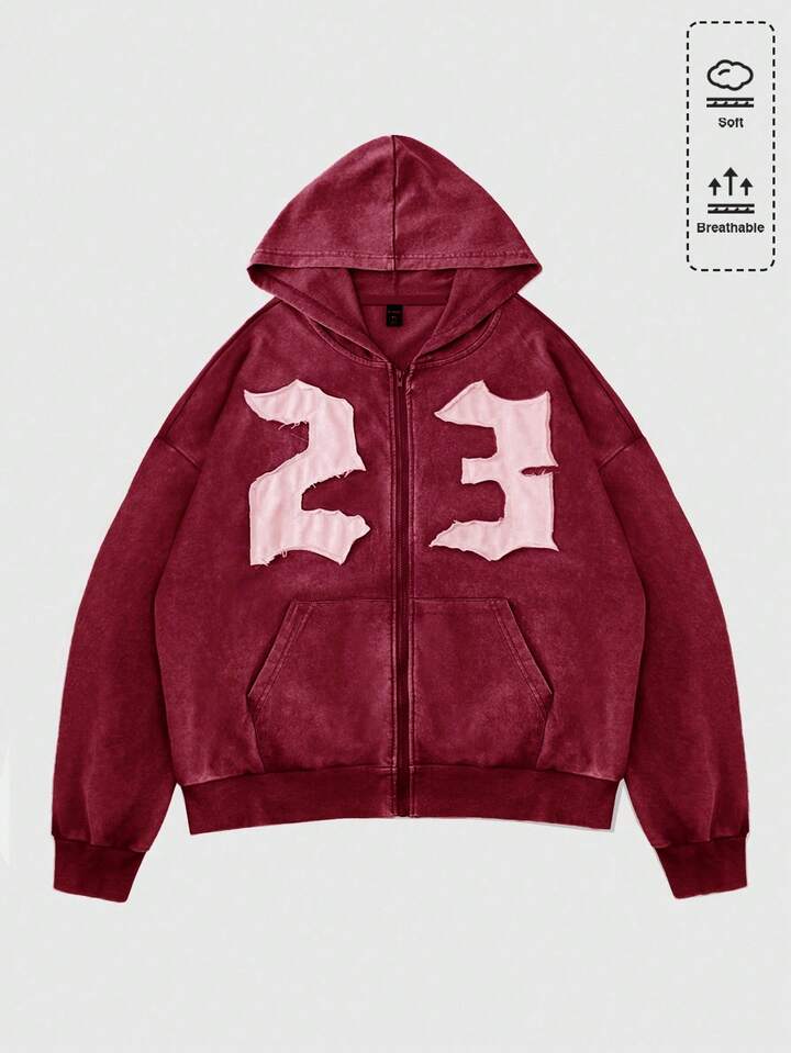 Prep Men Distressed Vintage Numeral Embroidered Zip-Up Hoodie, Streetwear, Fall
