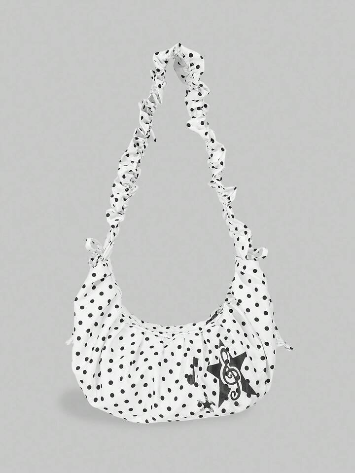 Kawaii 1pc Cute Japanese Style Black & White Polka Dot Crescent Moon Bag, Beige Ruffle Trim Adjustable Drawstring Shoulder/Crossbody Bag, Y2K Music Note Decor College Bag, Suitable For Teens Daily Wear