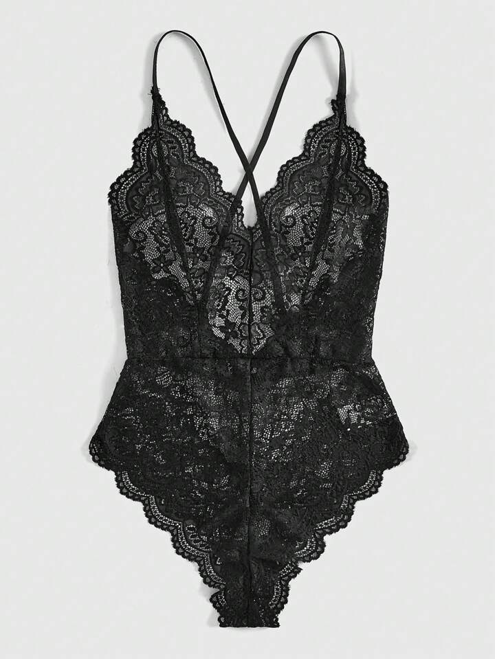 Sweetness Women's Sexy Deep V-Neck Lace Bodysuit Lingerie, Baddie Look